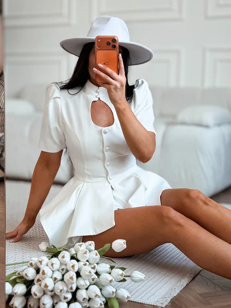 2026 Spring Chic Women Peplum Blazer Elegant High Neck Cutout Puff Sleeves Asymmetric Ruffled Hem Coat Lady Fashion Streetwear