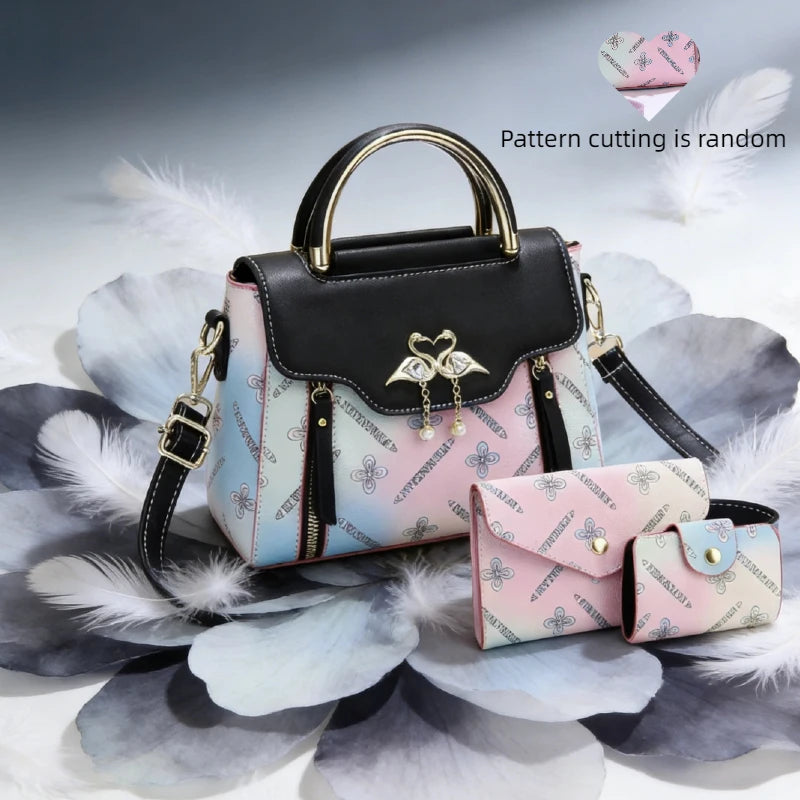Women's Swan Charm Gradient PU Handbag 3-Piece Set | Shoulder · Crossbody · Wallet | 5 Colours | Braviixx