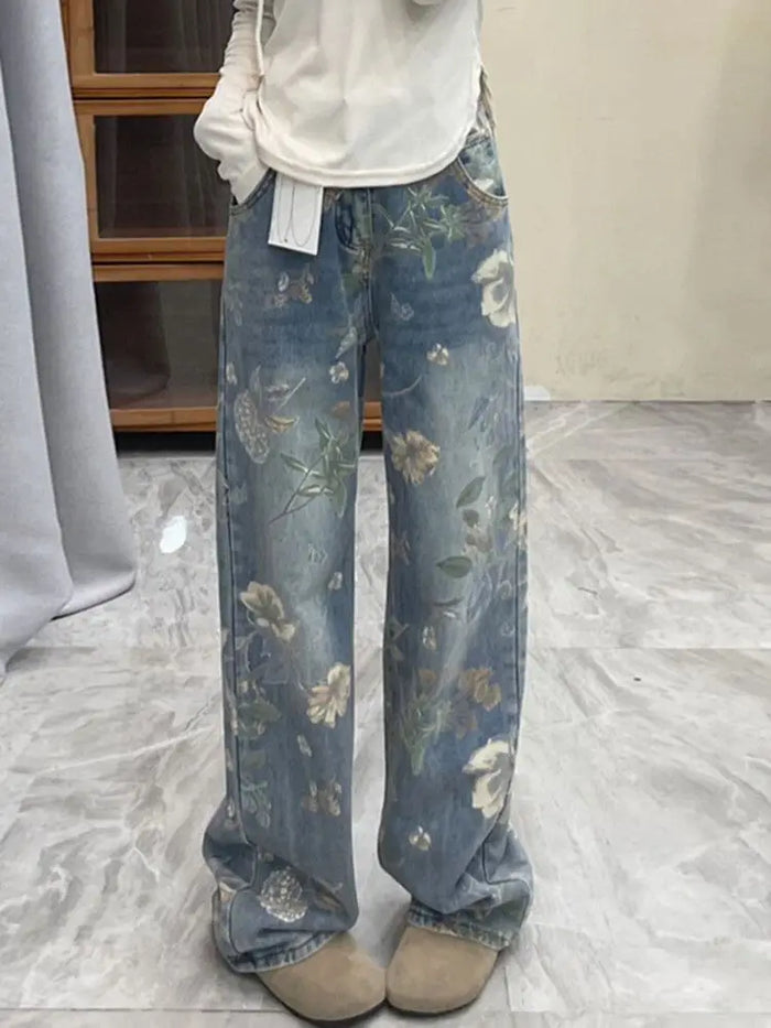 Vintage Floral Printed Jeans For Women Spring Autumn Casual Loose Straight Denim Pants Full Length Trousers Street wear