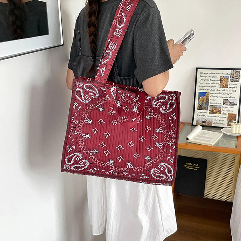 Vintage Bandana Paisley Print Tote Bag | Large Capacity Quilted Shoulder Bag