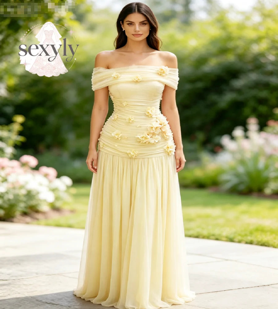 Off Shoulder 3D Floral Appliqué Ruched Chiffon Maxi Gown | Formal Evening & Prom Dress