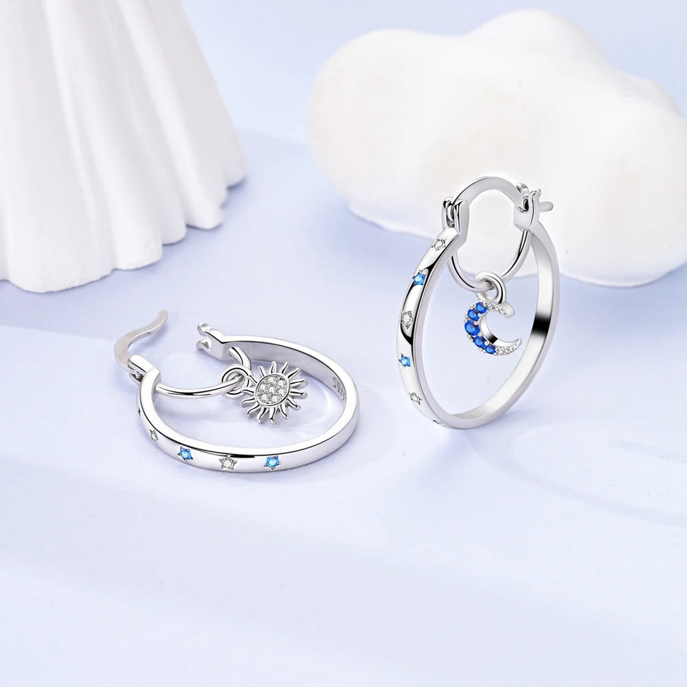 New Earrings 925 Silver Blue Butterfly Star Moon Dangle Hoop Earrings Ear Studs Zircon CZ Making Jewelry For Women Girl Party
