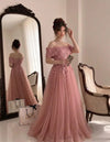 Bridesmaid Garden Wedding Guest Maxi Gown Dusty Pink Off Shoulder 3D Floral Appliqué Tulle A Line Floor Length Formal Prom Eveni