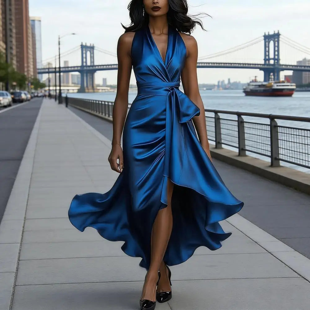 Satin-Look Halter Dress | Ruffle High-Low Hem & Tie Waist | Braviixx