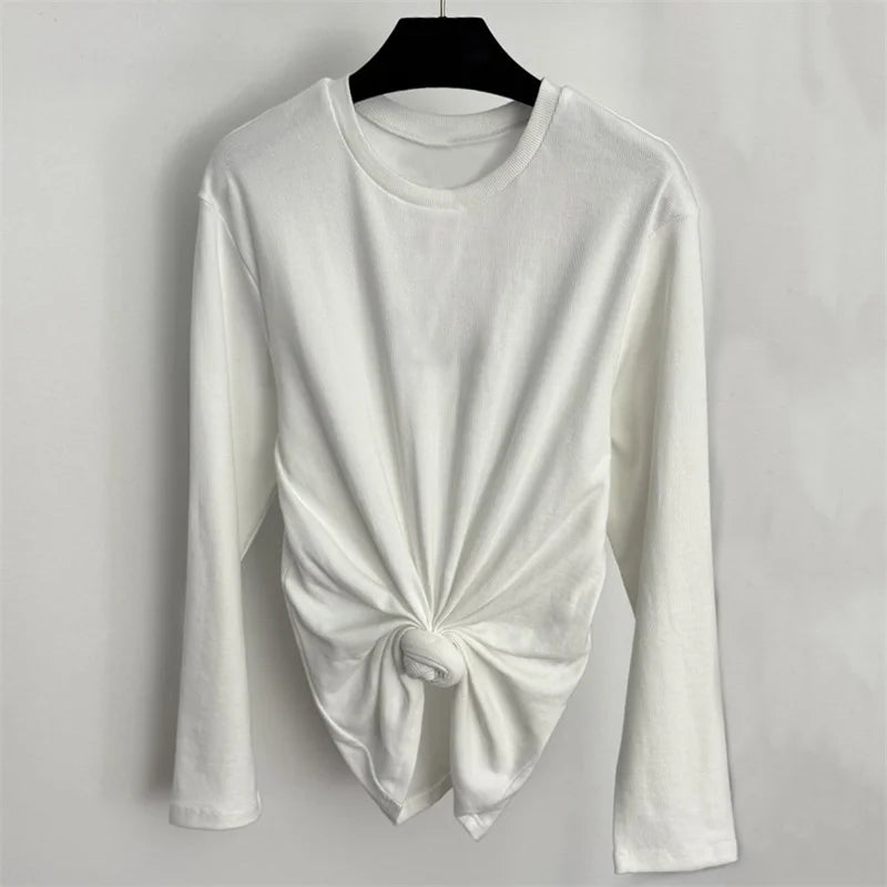 Women's t-shirt 2026 Summer New Stretch Knitted Slimming Women's Long Sleeve Top pure cotton round neck pullover y2k Top women