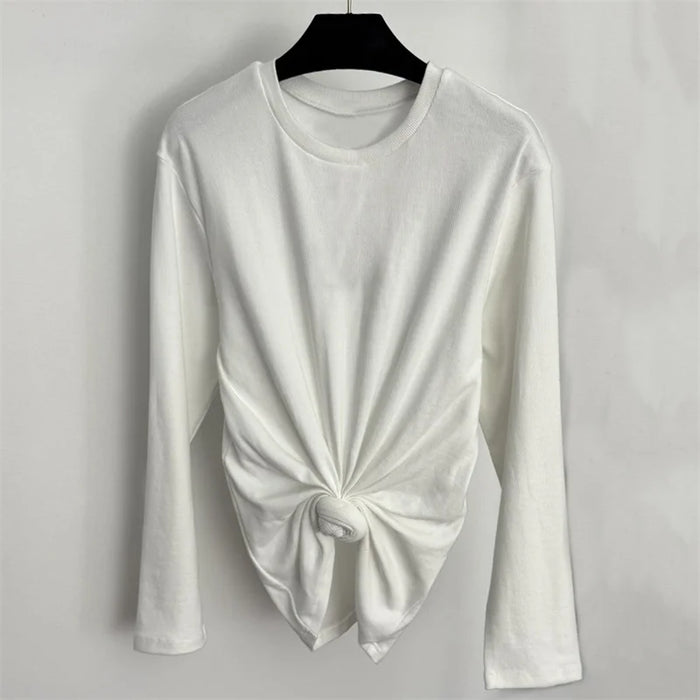 Women's t-shirt 2026 Summer New Stretch Knitted Slimming Women's Long Sleeve Top pure cotton round neck pullover y2k Top women