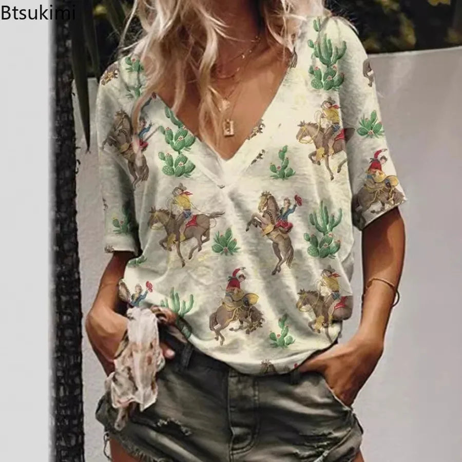 2026 Summer Floral Women's V-Neck Digital Printing T-Shirt Denim Short Sleeve Western Style New Arrival Polyester Fiber T-Shirt