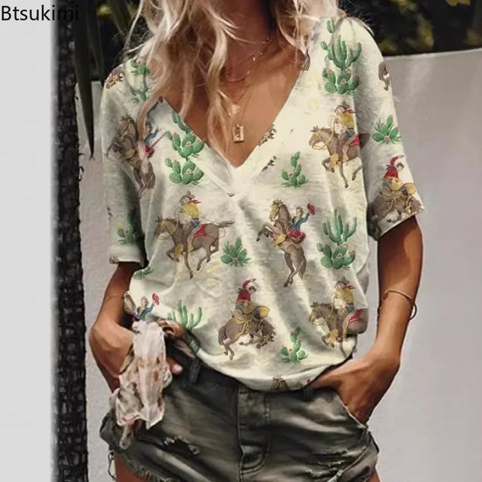 2026 Summer Floral Women's V-Neck Digital Printing T-Shirt Denim Short Sleeve Western Style New Arrival Polyester Fiber T-Shirt