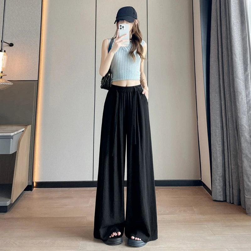 Cotton Linen Wide-Leg Pants 2026 Women Summer Casual Solid Holiday Pants Feet Cool Breathable Ice Silk Drape Mop Straight Pants
