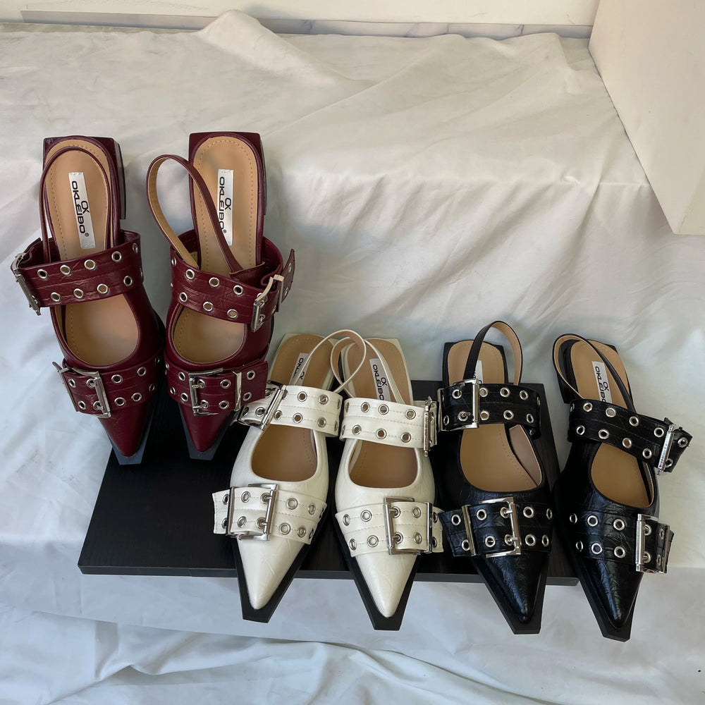 New Sandals Women Flats Shoes Fashion Metal Buckle Shoes Spring Pointed Toe Shallow Footwear Slingbacks Ladies Sandals