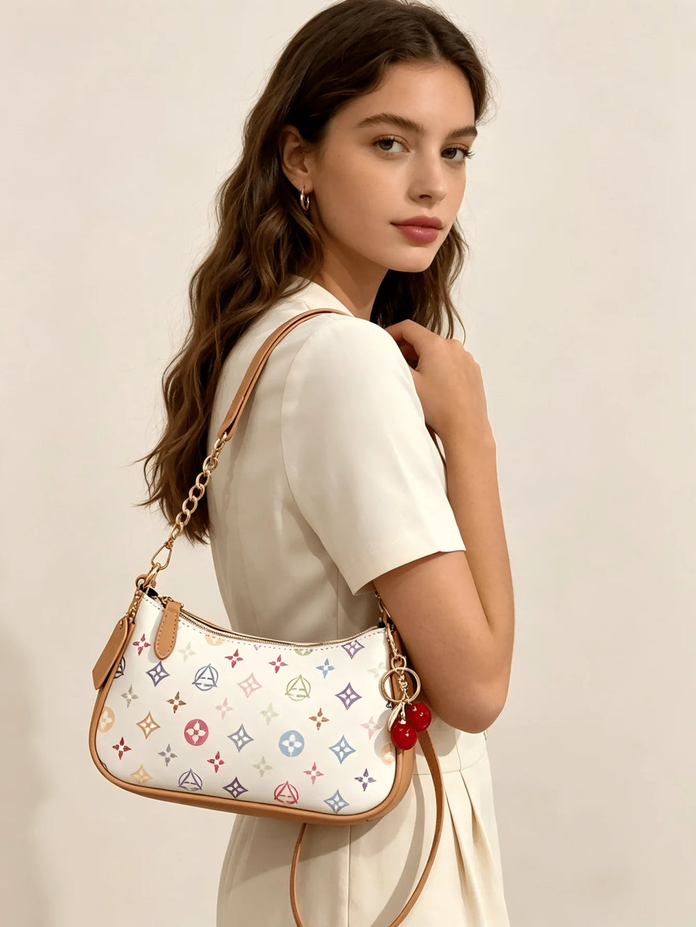 Printed Crescent Shoulder Bag | Cherry Charm & Chain Strap | Braviixx