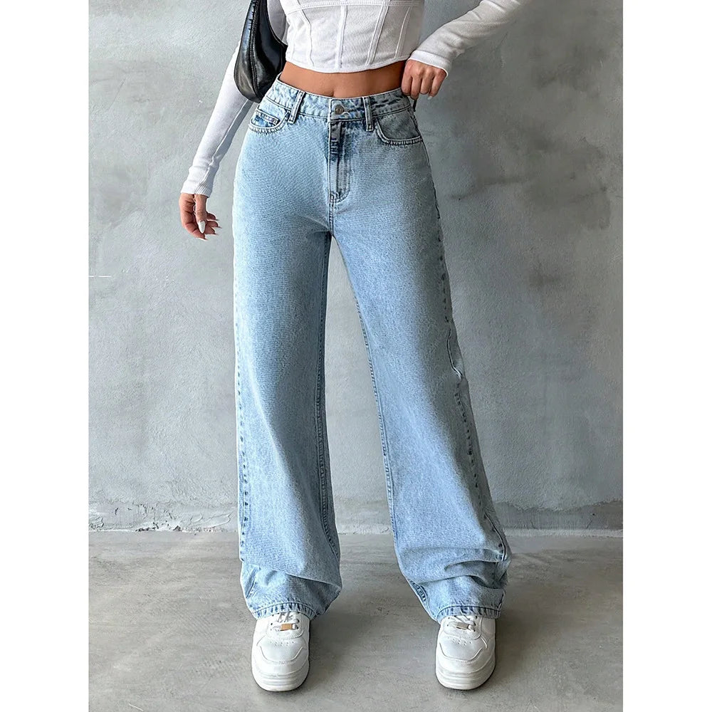 2026 Jeans Wide Leg Pants Women Streetwear High Waist Washed Distressed Pockets Vintage Full Length Denims Basis Trousers