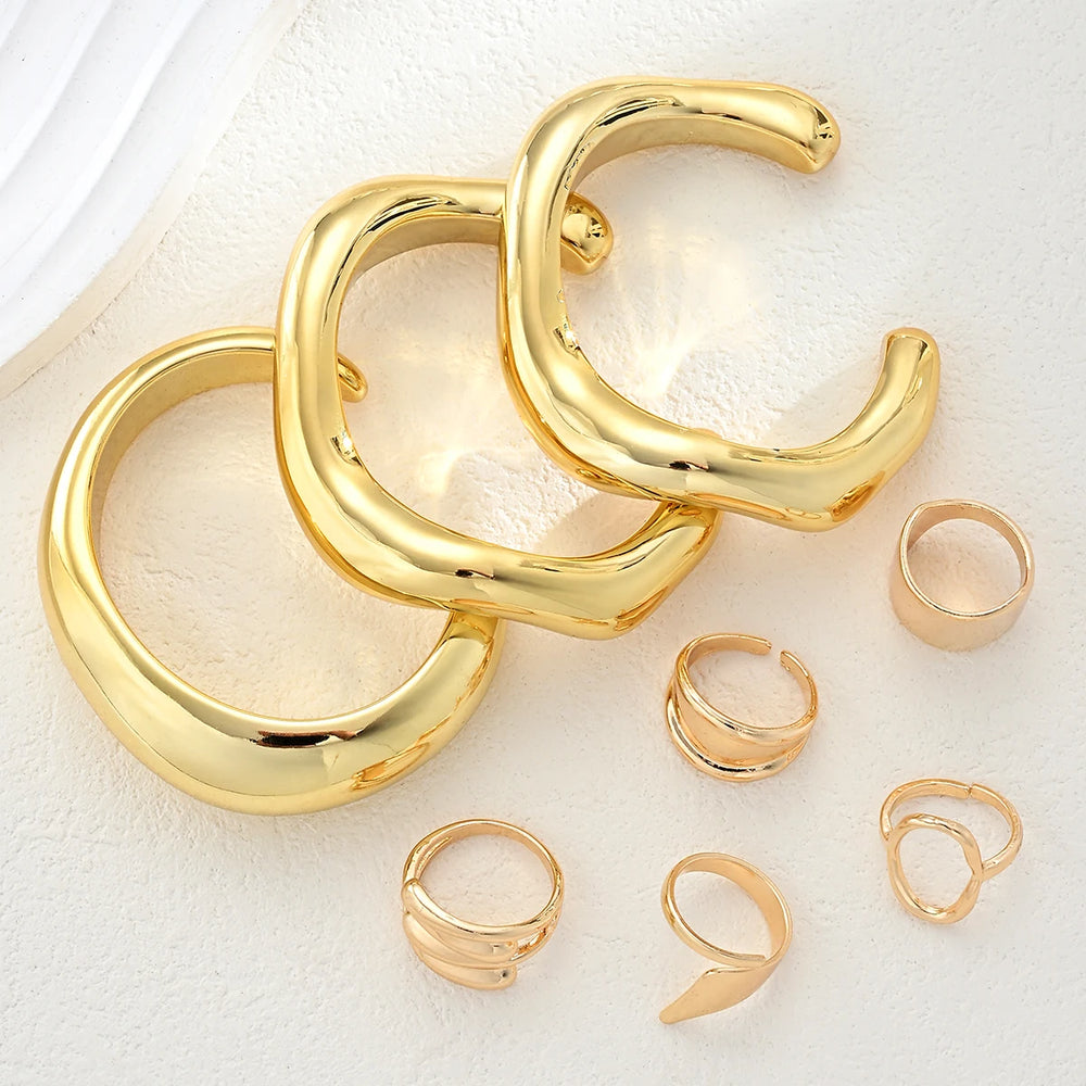 Women's 8-Piece Gold-Tone Jewellery Set | 3 Cuff Bracelets & 5 Rings | Braviixx
