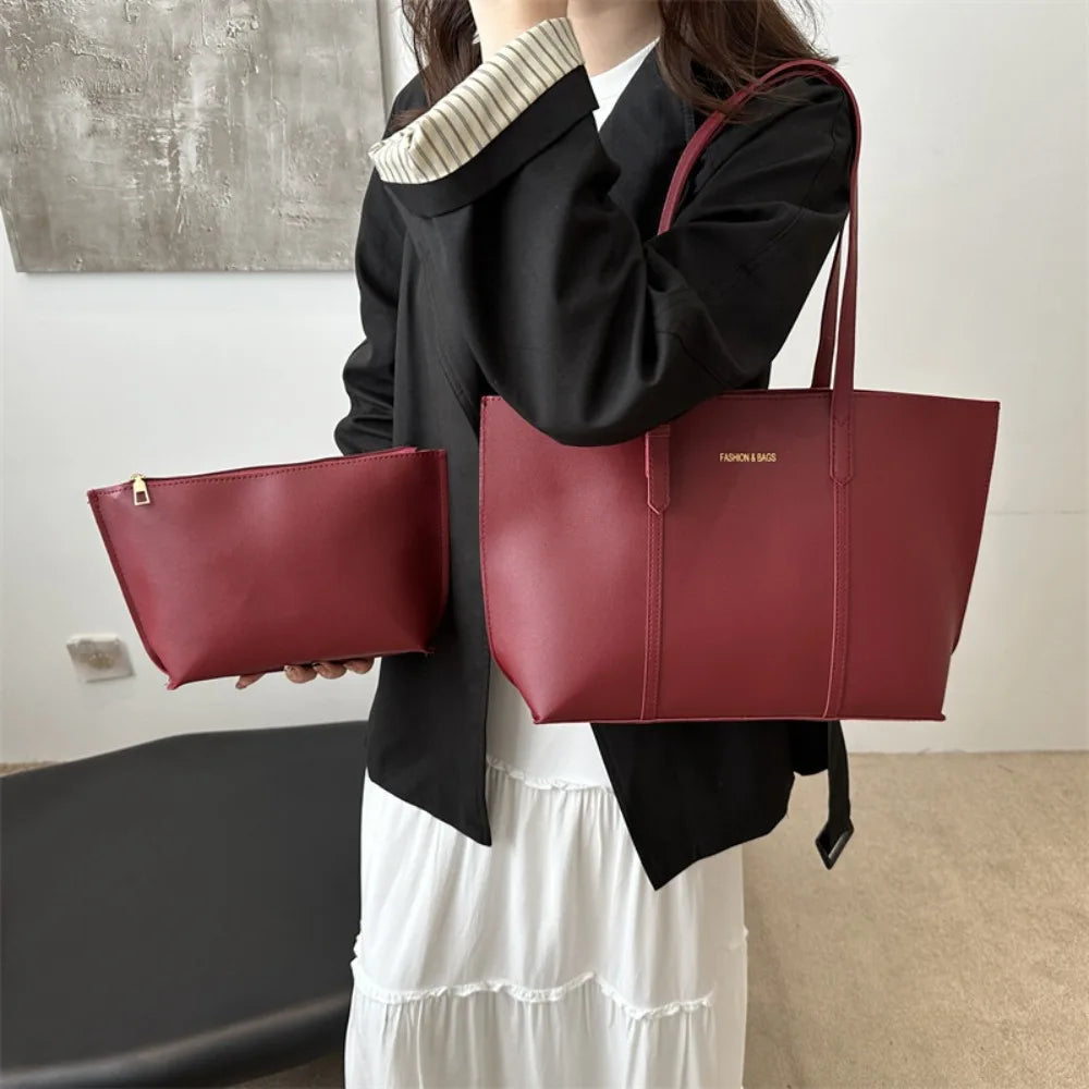 Women's Large Capacity Soft PU Tote Bag 2-Piece Set | Shoulder · Zipper Pouch | 5 Colours | Braviixx
