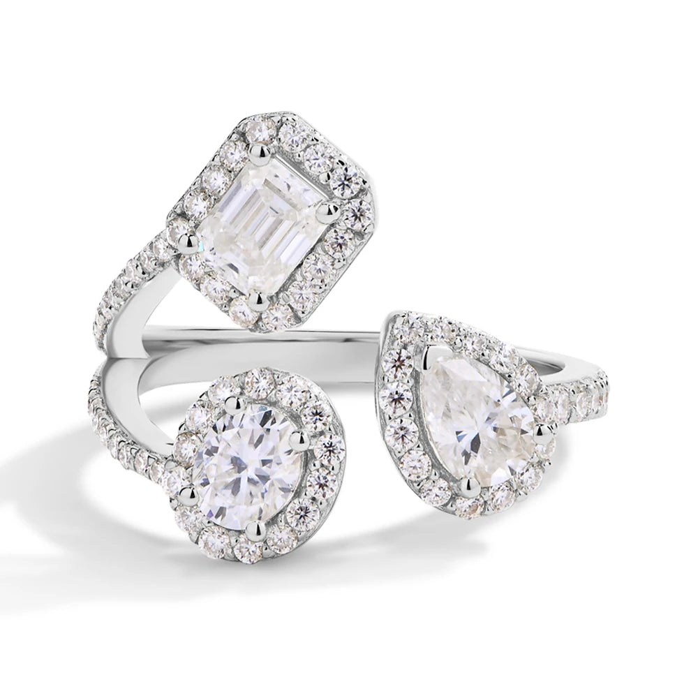 Women's Moissanite Open Ring | Three Mixed-Shape Halos | Braviixx