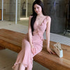 Women Slip Long Dress Lady Pink Lace Panel Slim Fit Ruffled Mermaid Dress Female Summer Alluring Bodycon Maxi Vacation Dress