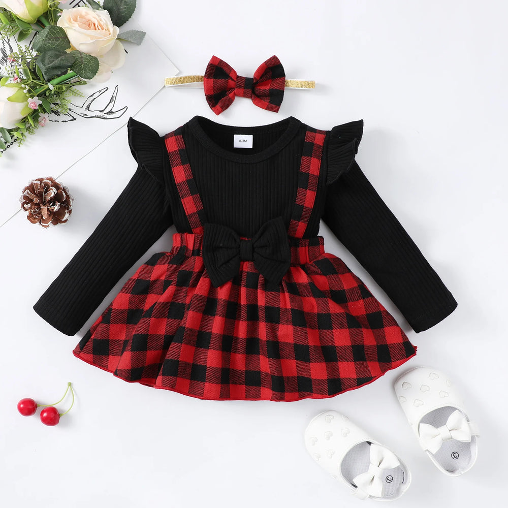 Baby Girls' Checkered Bow Dress with Headband | 0–18 Months | Braviixx
