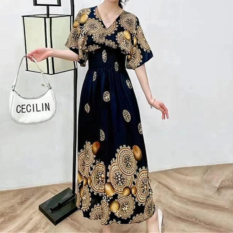 Vintage Print Midi Dress | V-Neck & Shirred Waist | Braviixx