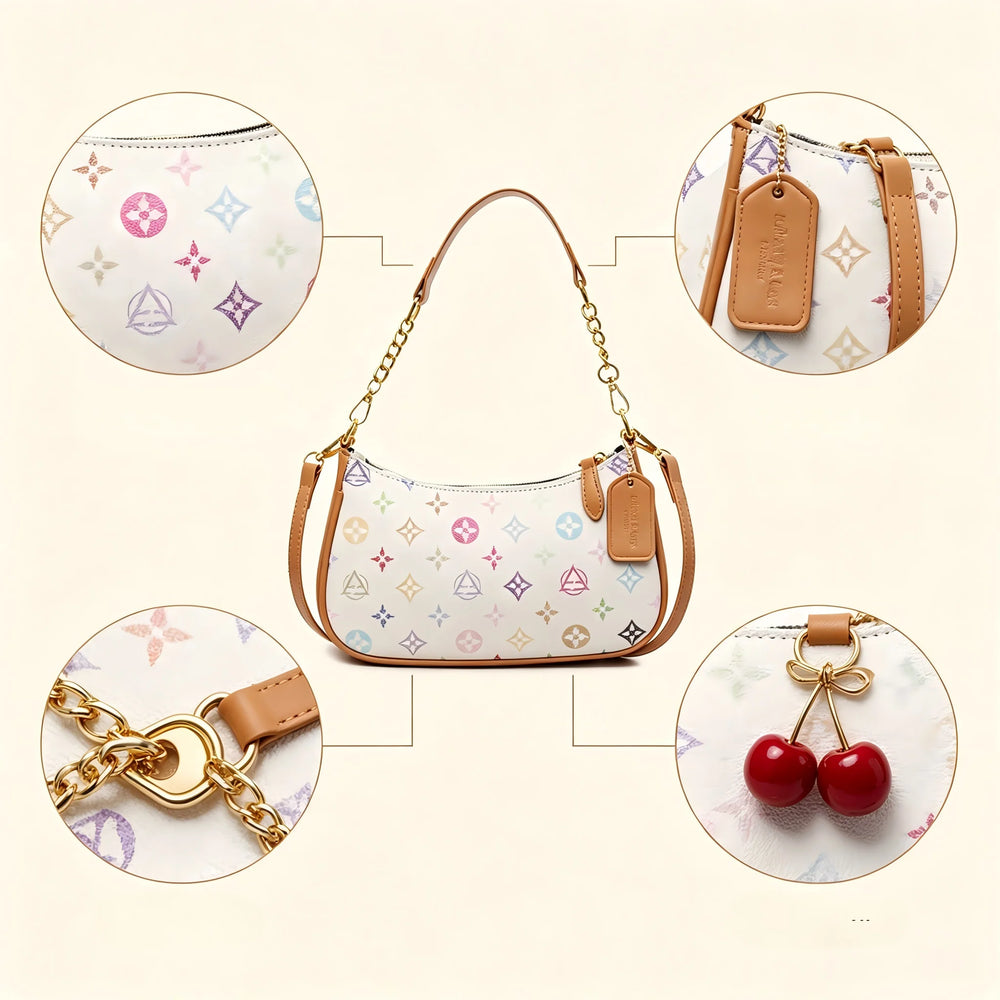 Printed Crescent Shoulder Bag | Cherry Charm & Chain Strap | Braviixx
