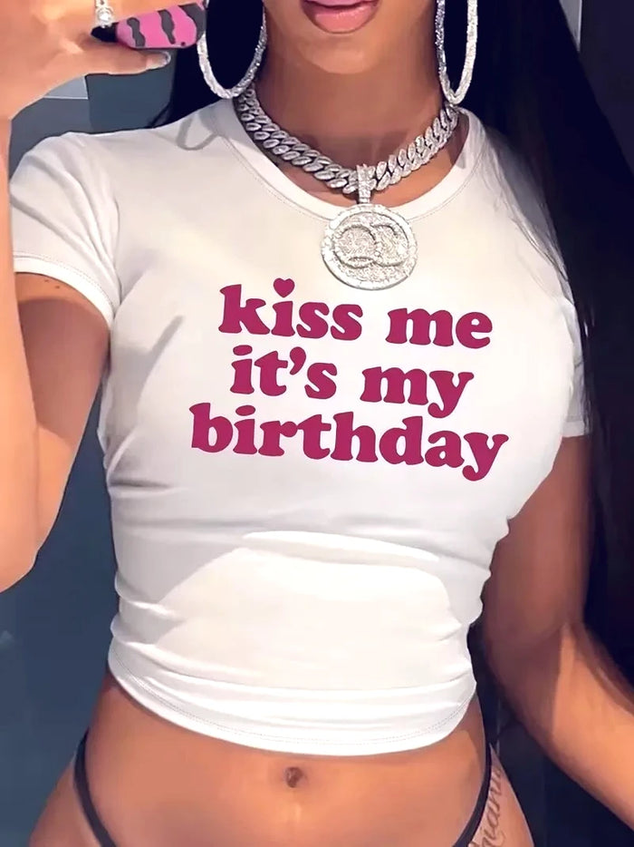 2000s Cropped Shirt Birthday Letter Print Graphic Print Crew Neck Crop Top Short Sleeve T-shirt Summer Women's Y2k Baby Tee