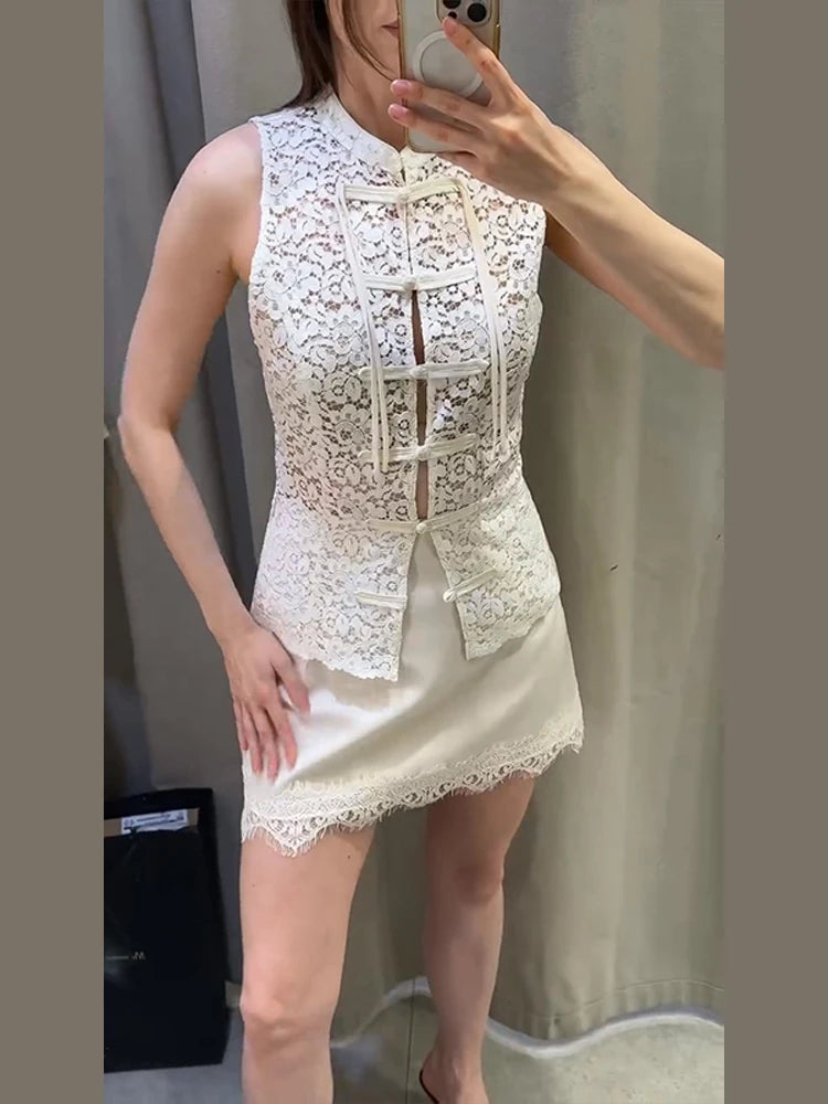 Women White Lace Cheongsam Top Sleeveless Stand Collar Chinese Frog Button Vintage Style Blouse 2026 Lady Casual Streetwear Top