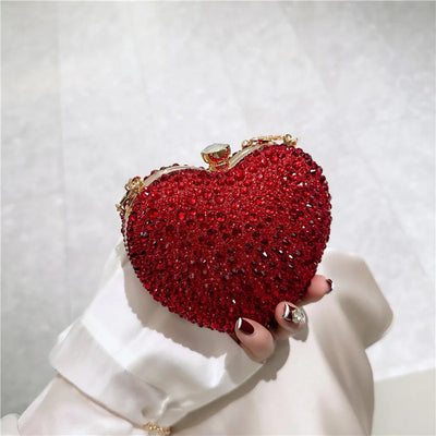 Women's Heart-Shaped Rhinestone Crystal Evening Clutch | Gold Snake-Chain Handle | Diamond Clasp | Wedding Party | 13 Colours