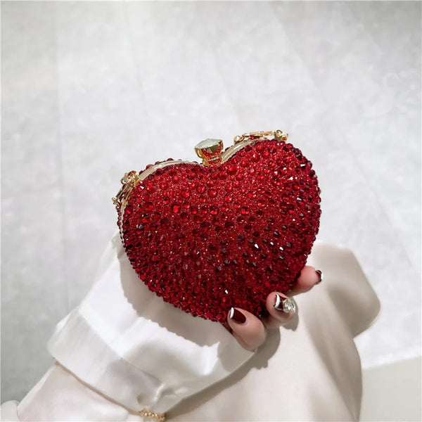 Women's Heart-Shaped Rhinestone Crystal Evening Clutch | Gold Snake-Chain Handle | Diamond Clasp | Wedding Party | 13 Colours