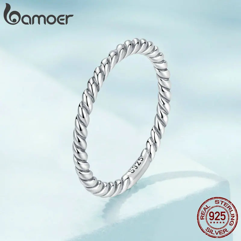 BAMOER 925 Sterling Silver Braided Texture Twisted Eternity Band Stackable Rings Fine Jewelry