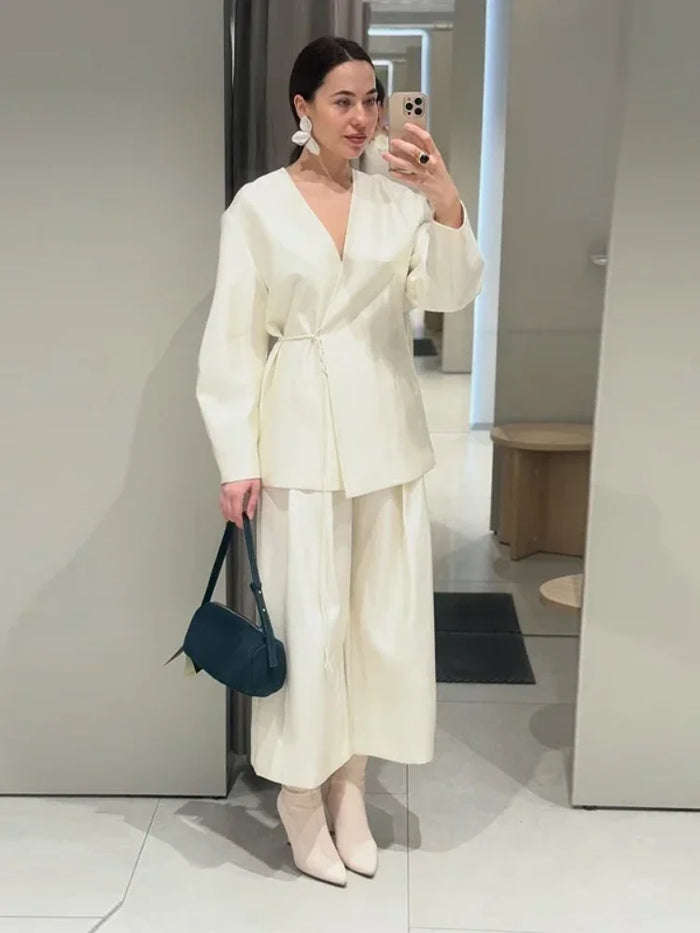 Women's Elegant Coat Pant Sets Full Sleeve V Lace Top Wide Leg Pants Female Suits 2026 Spring Summer Solid Satin Lady Set
