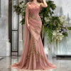One Shoulder Draped Tulle Mermaid Gown | Gold Floral Rhinestone Formal Evening Dress