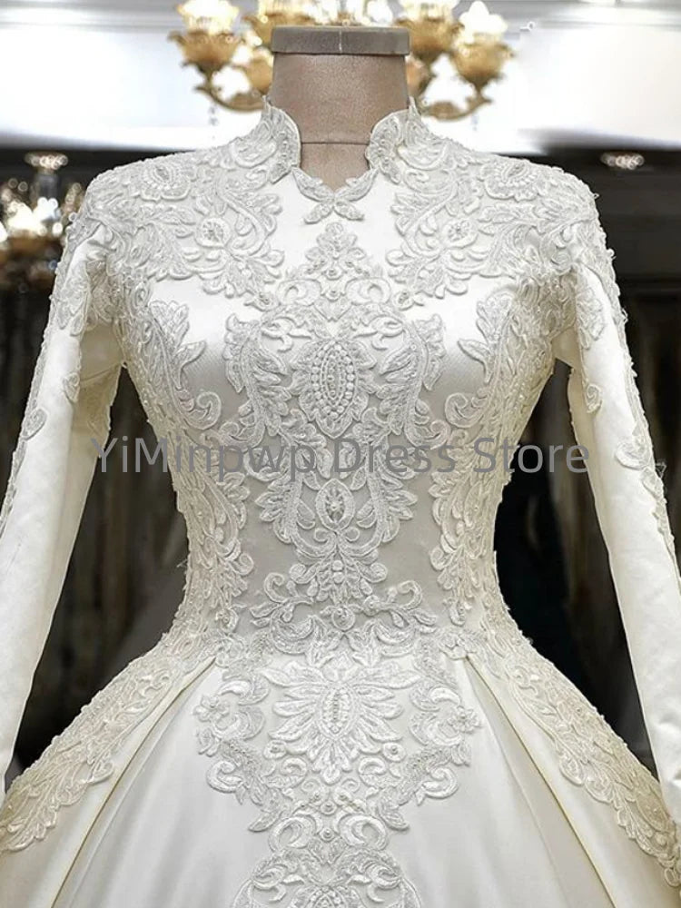 High-Neck Satin & Lace Wedding Dress | Long Sleeves | Braviixx