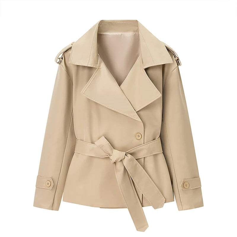 Street Lace Up Trench Coats Women Long Sleeve Lapel Waist Cinching Cropped Windbreaker Female Autumn Lady Elegant Casual Jacket