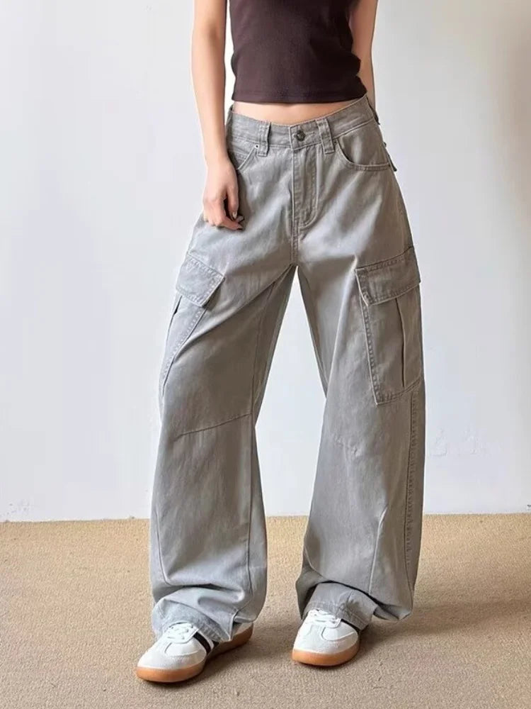 2026 Ropa Y2K Fashion Vintage Grey Baggy Cargo Jeans Pants For Women Clothing Wide Leg Kpop Casual Lady Trousers Pantalon Femme