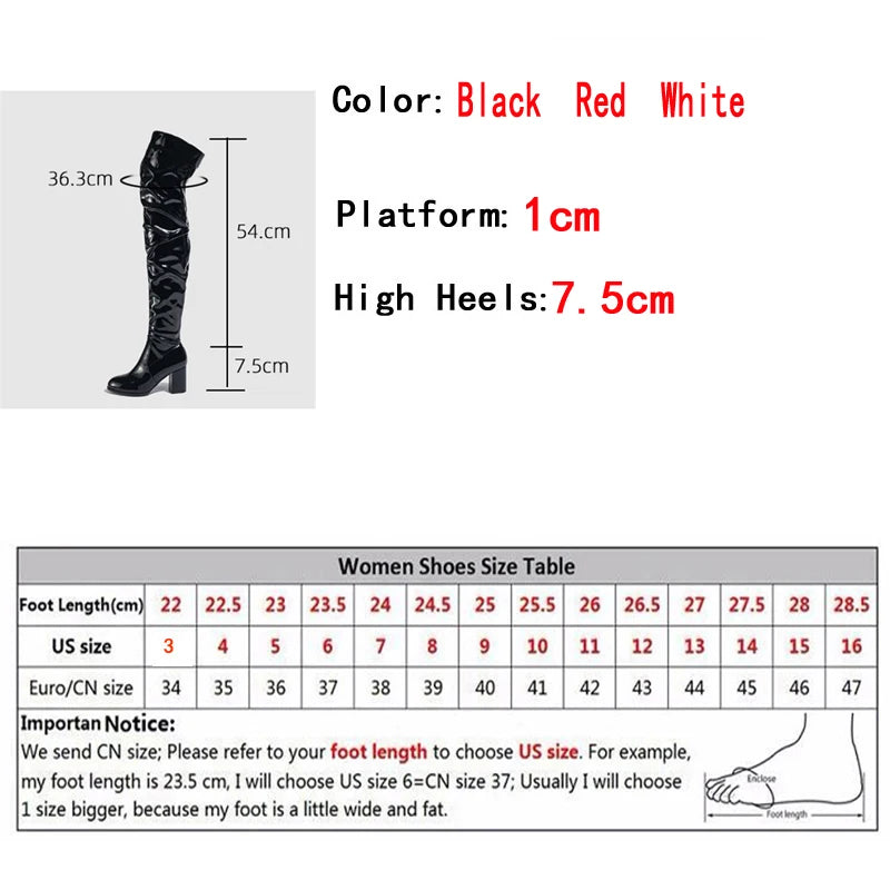 Women's Thigh High Patent Leather Boots – Square Heel Over-the-Knee Zip Boots | EU 35–42 | 3 Colors