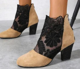 Women's Floral Lace Ankle Boots | Embellished Block Heels | Braviixx