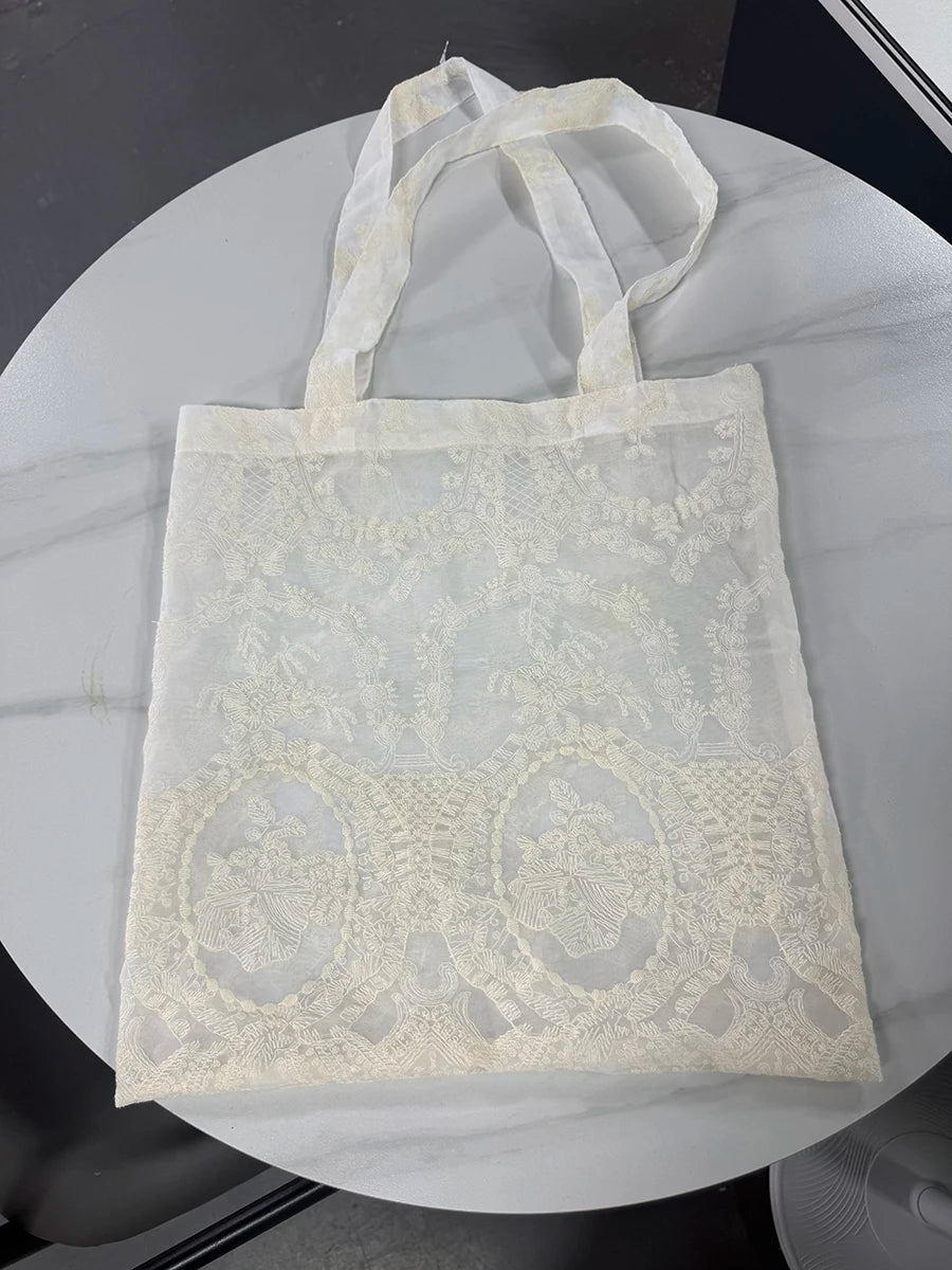 Floral Embroidered Sheer Tote Bag | Ivory Lace-Look Design | Braviixx