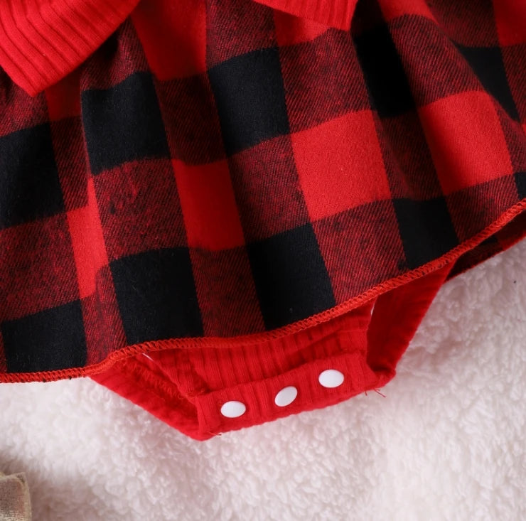 Newborn Baby Girl Plaid Christmas Romper with Headband | 0–12M | Braviixx