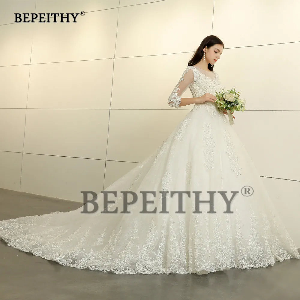 Lace Wedding Ball Gown | Three-Quarter Illusion Sleeves | Braviixx