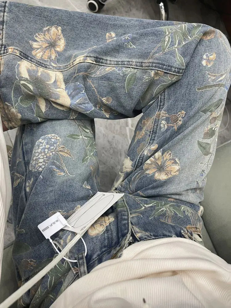 Vintage Floral Printed Jeans For Women Spring Autumn Casual Loose Straight Denim Pants Full Length Trousers Street wear