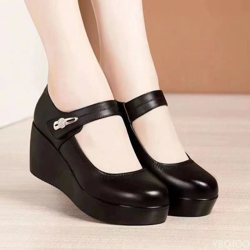 New Round toe Women's Shoes Casual Thick soled Comfort Shoes Versatile fashion high heels Slope heel ladies pumps Mujer Zapatos