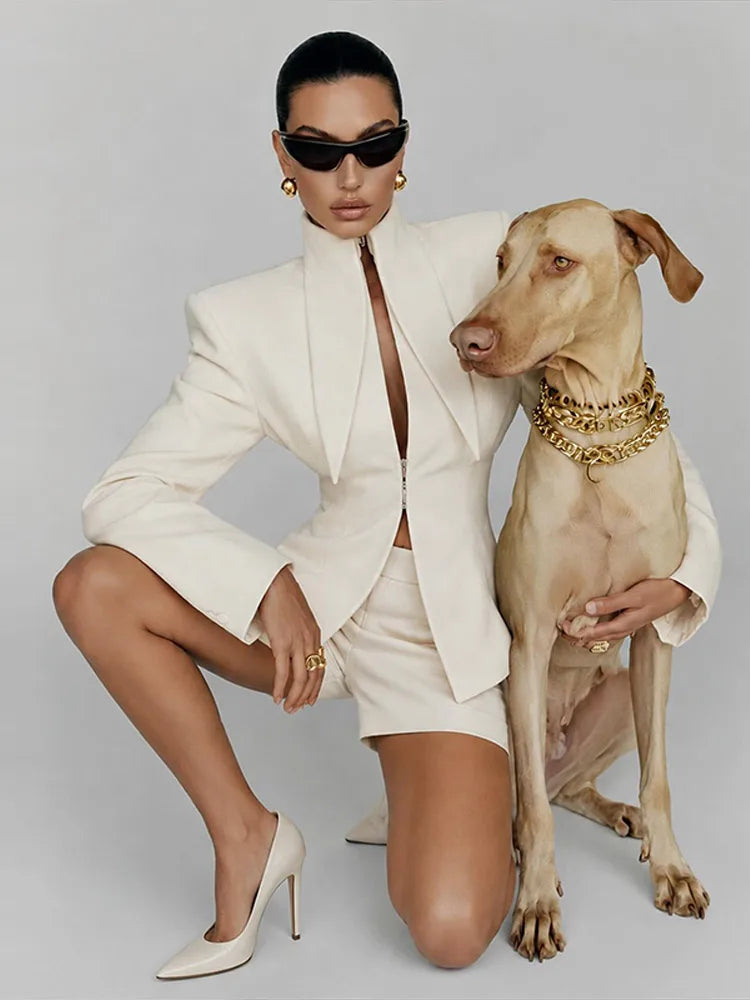 Elegant Blazer Women's Top Shorts Suit Long Sleeve Stand Collar Solid Top Short Pants 2026 Summer Autumn Chic Female Outfits