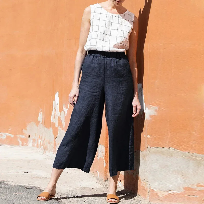 Women's 100% Linen Wide-Legged Pants Casual Loose Fit Summer 2026 Elastic Waist Harajuku Retro Linen Trousers Female Clothing