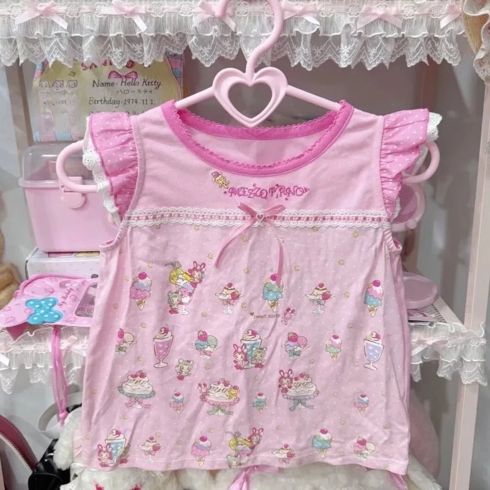 Kawaii Cartoon Print Ruffle-Trim Top | Braviixx