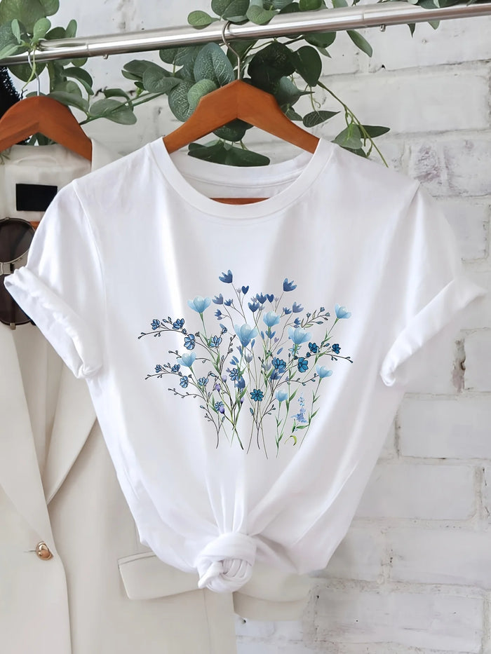 2026 Spring Summer New Women's Round Neck Floral Print Cool Fashion Short Sleeve Casual T-Shirt 90s Graphic T Shirt Clothes