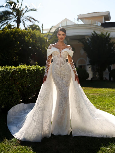 Beaded A-Line Wedding Dress | High Neck & Long Sleeves | Braviixx