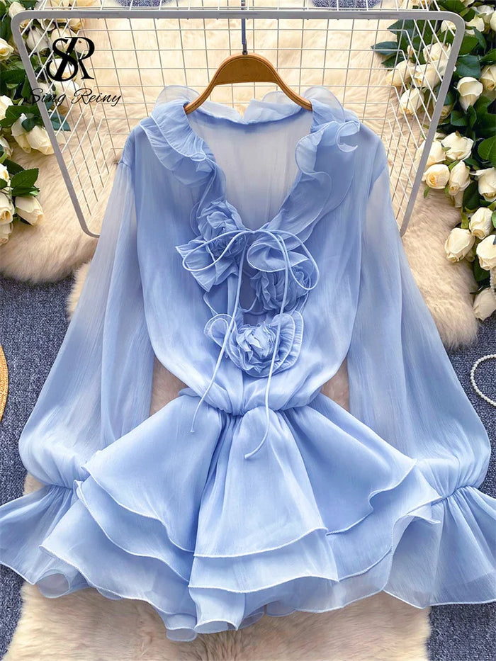 SINGREINY 3D Floral Beach Short Dress Female Long Sleeves Lace Up Ruffle Chiffon Cake Sundress Sheer Sexy Vintage Bohemian Dress