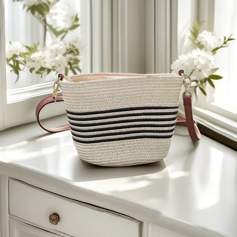 Women's Handwoven Straw Bucket Crossbody Bag | Linen · Striped · Beach · Travel | 4 Colours | Braviixx