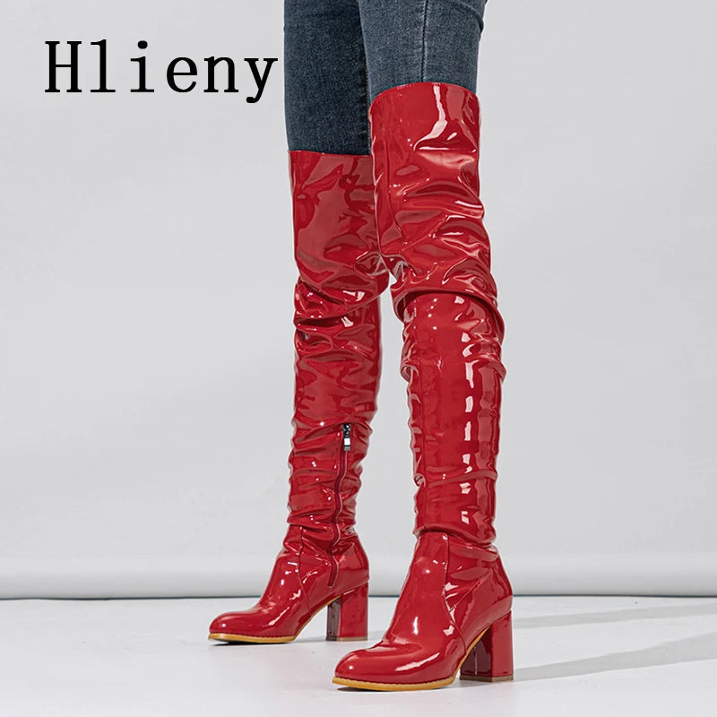 Women's Thigh High Patent Leather Boots – Square Heel Over-the-Knee Zip Boots | EU 35–42 | 3 Colors