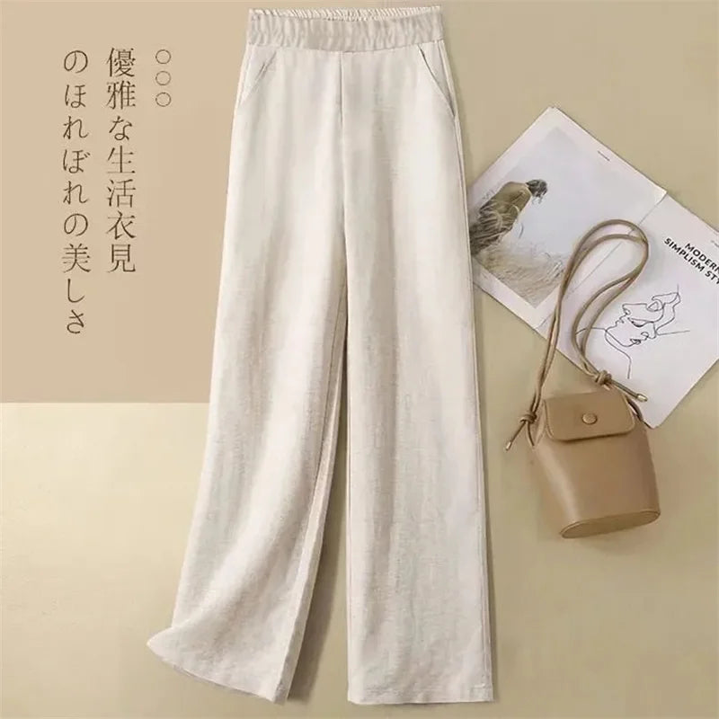 Linen Wide Leg Pants Women New Summer Thin Elastic High Waist Long Pants Autumn Casual Loose Cotton And Linen Straight Trousers