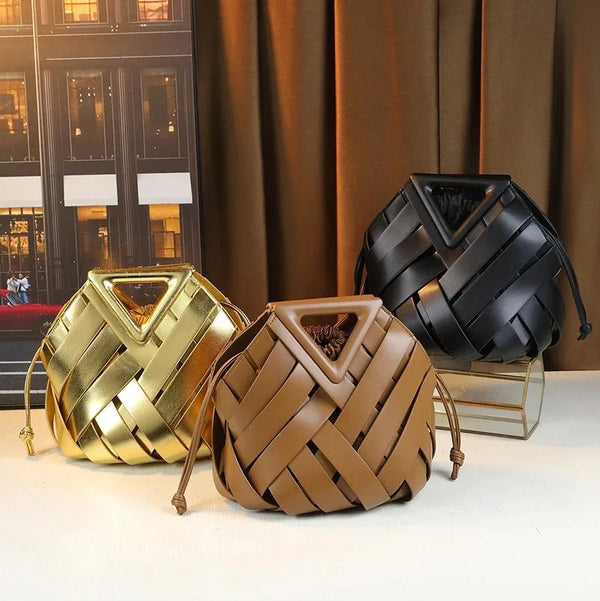 Women's Sculptural Woven PU Leather Bucket Bag | Triangular Top Handle | Diagonal Basket Weave | Drawstring Closure | 7 Colours